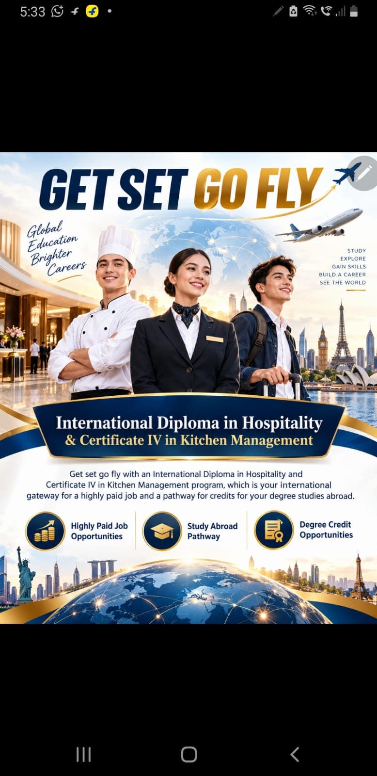 Get set, go fly — international Diploma in Hospitality and Certificate IV in Kitchen Management